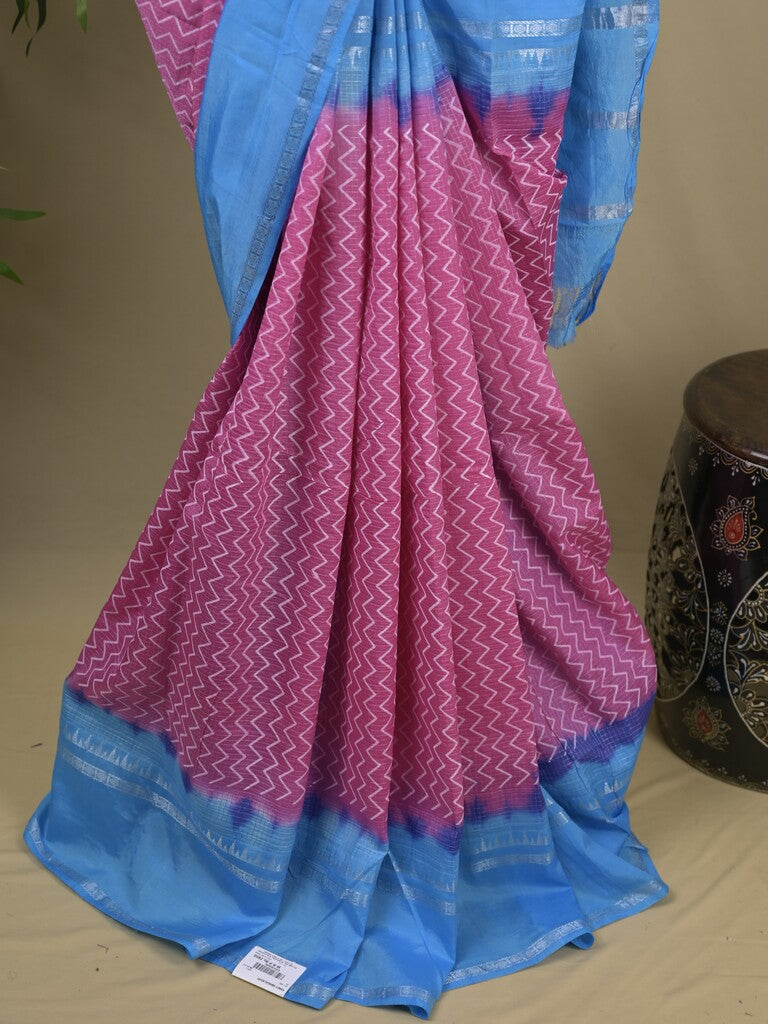 Mangalagiri fancy saree purple color allover stripes & zari border with striped pallu and printed blouse