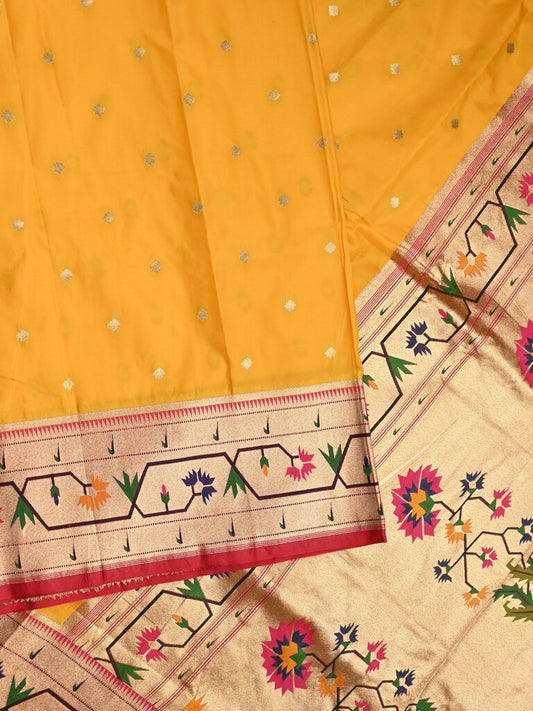 Banaras pattu saree golden yellow color allover zari motifs & paithani border with paithani pallu and contrast blouse