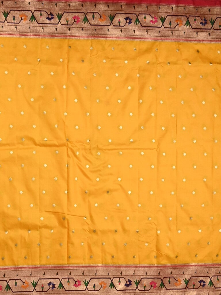 Banaras pattu saree golden yellow color allover zari motifs & paithani border with paithani pallu and contrast blouse