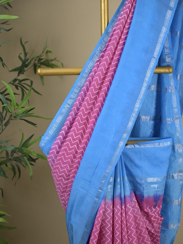 Mangalagiri fancy saree purple color allover stripes & zari border with striped pallu and printed blouse