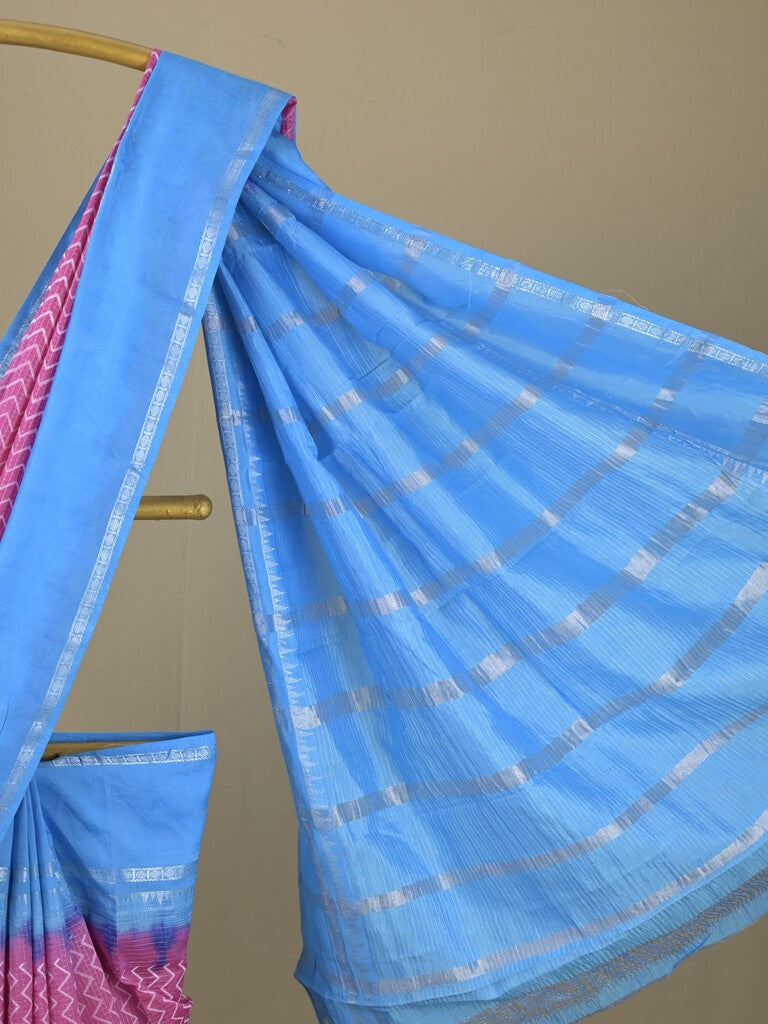 Mangalagiri fancy saree purple color allover stripes & zari border with striped pallu and printed blouse