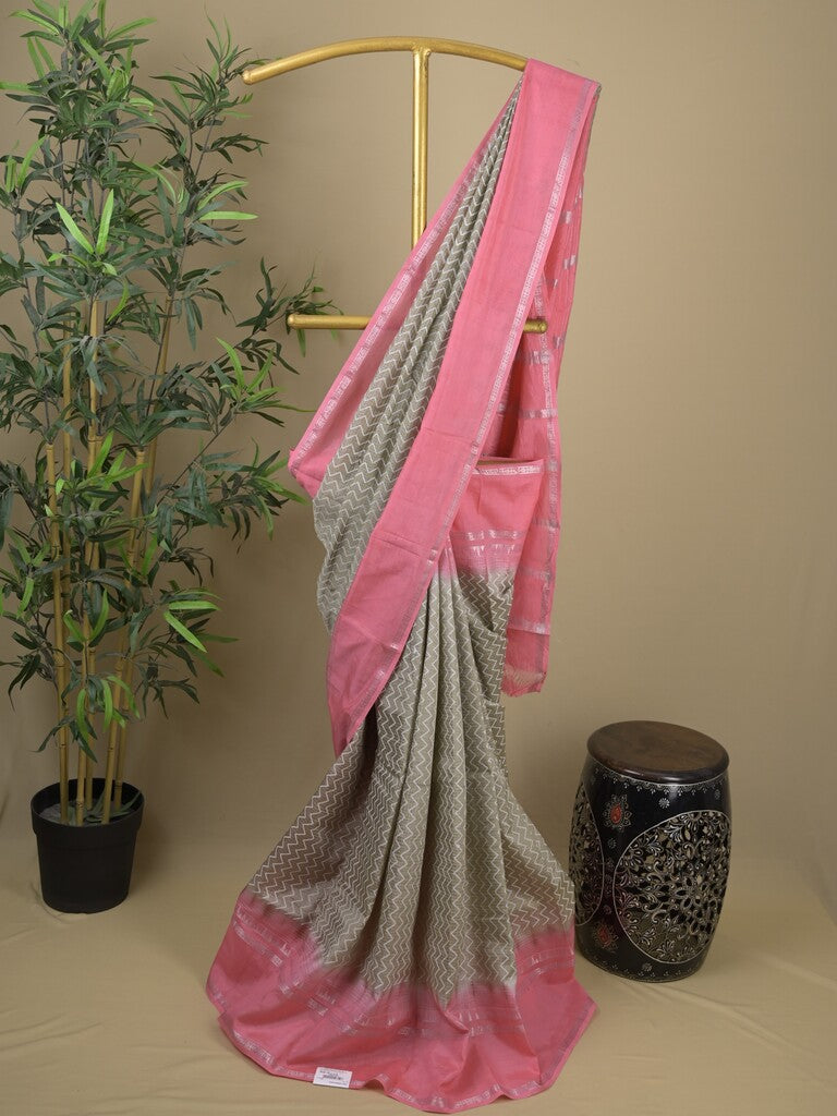 Mangalagiri fancy saree grey color allover stripes & zari border with striped pallu and printed blouse