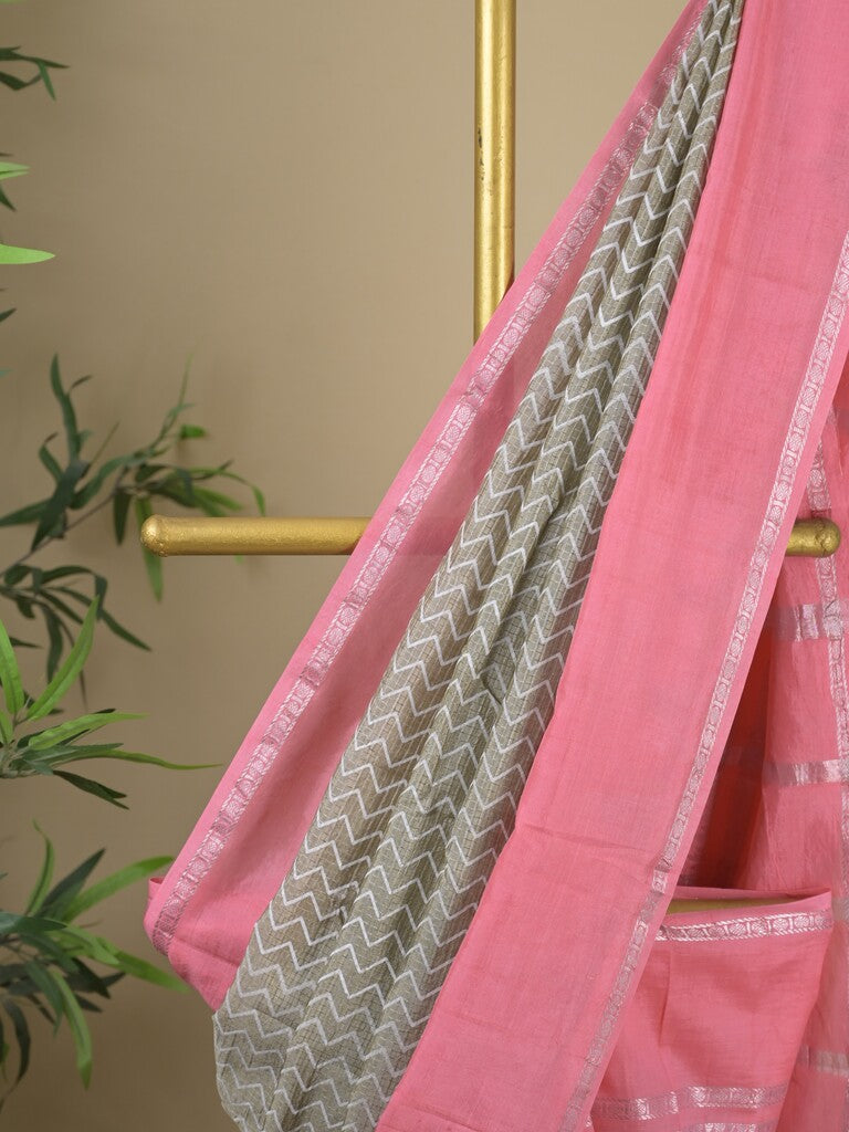 Mangalagiri fancy saree grey color allover stripes & zari border with striped pallu and printed blouse