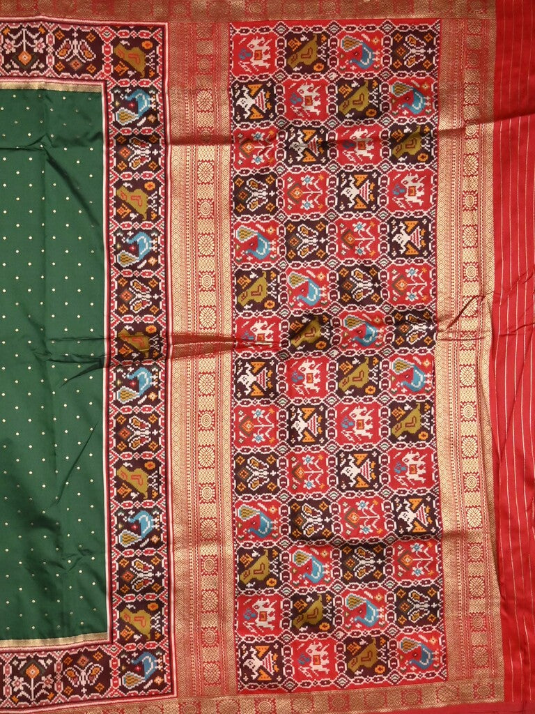 Banaras pattu saree bottle green color allover zari motifs & paithani border with paithani pallu and contrast blouse