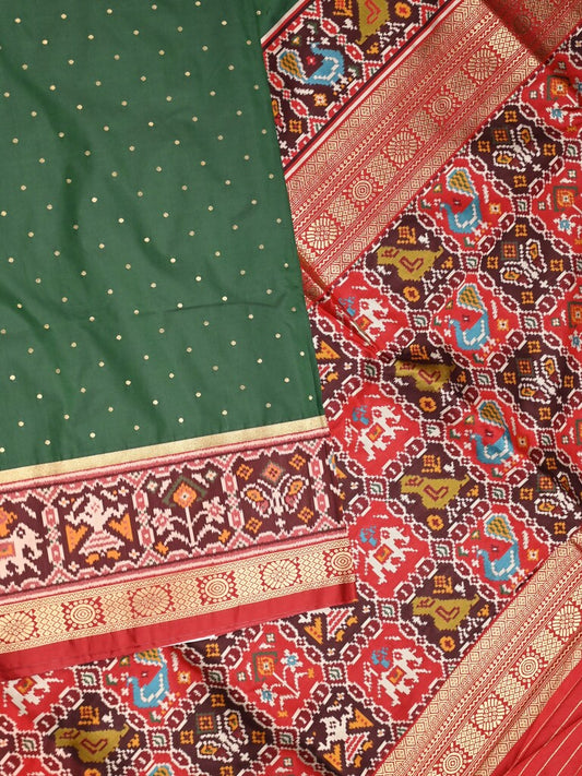 Banaras pattu saree bottle green color allover zari motifs & paithani border with paithani pallu and contrast blouse