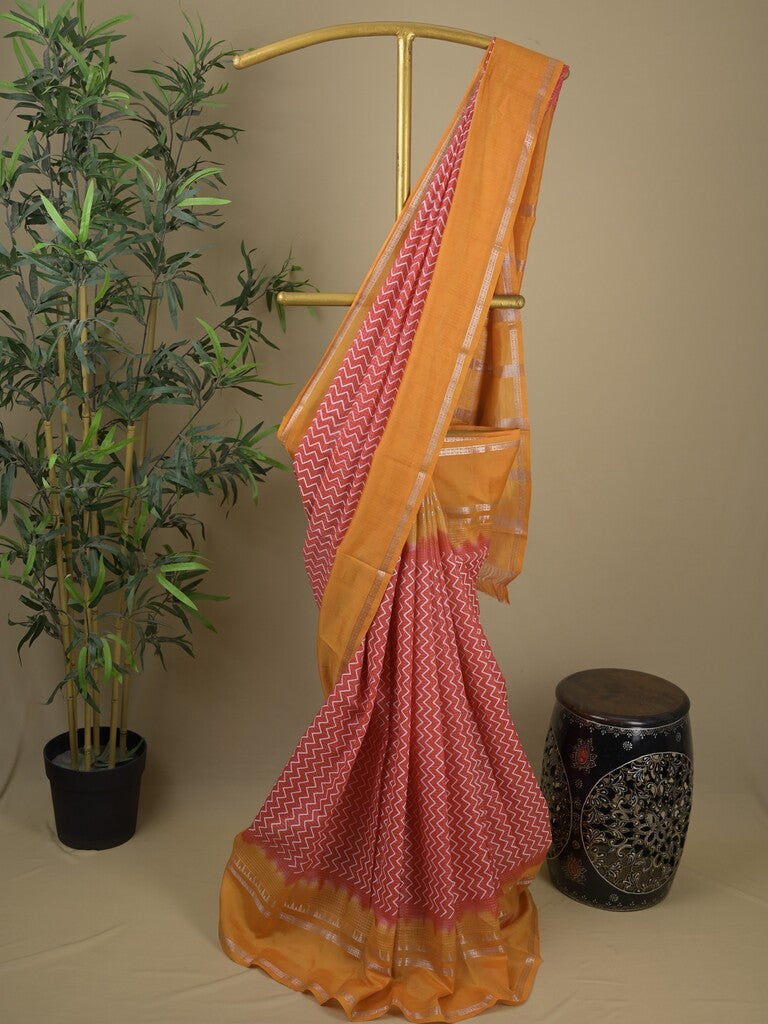 Mangalagiri fancy saree pink color allover stripes & zari border with striped pallu and printed blouse