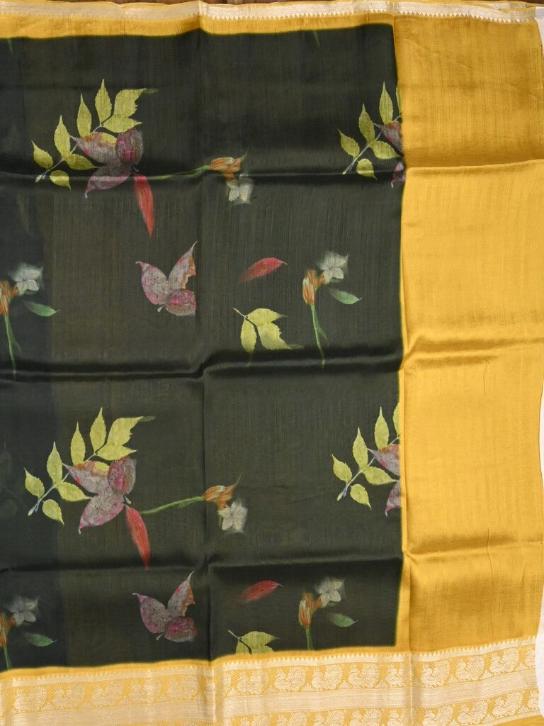 Mangalagiri fancy saree black color allover prints & zari border with short pallu and contrast plain blouse