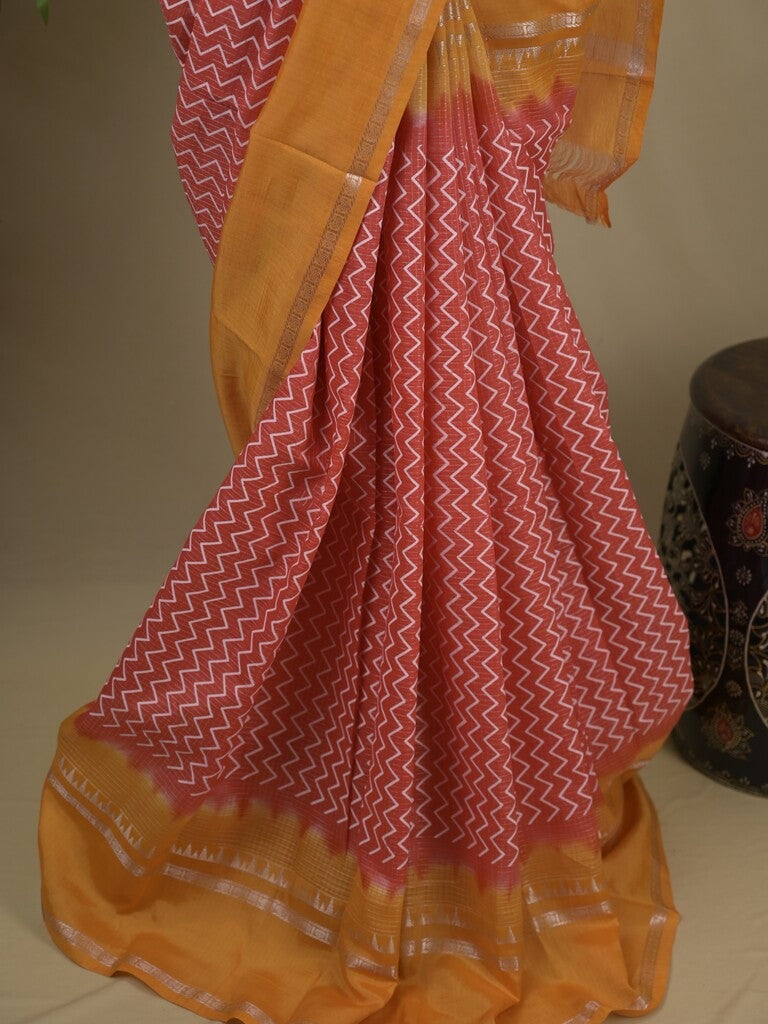 Mangalagiri fancy saree pink color allover stripes & zari border with striped pallu and printed blouse