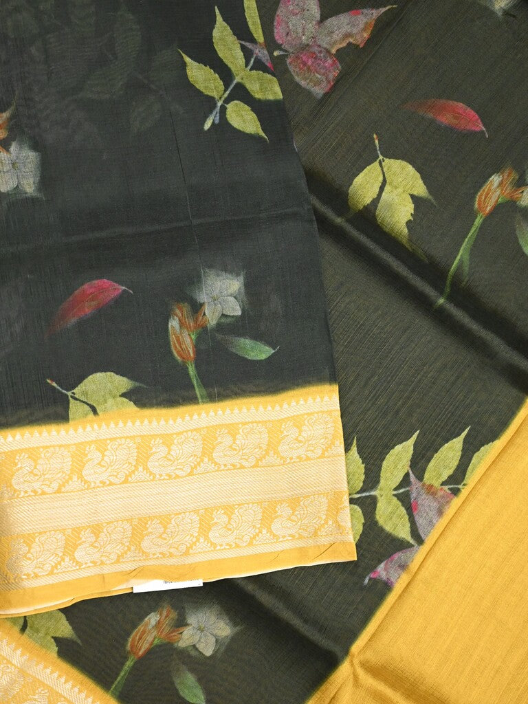 Mangalagiri fancy saree black color allover prints & zari border with short pallu and contrast plain blouse