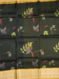 Mangalagiri fancy saree black color allover prints & zari border with short pallu and contrast plain blouse