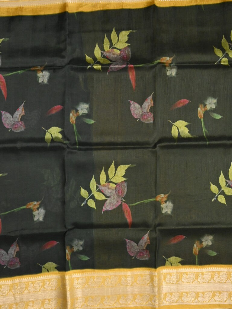 Mangalagiri fancy saree black color allover prints & zari border with short pallu and contrast plain blouse
