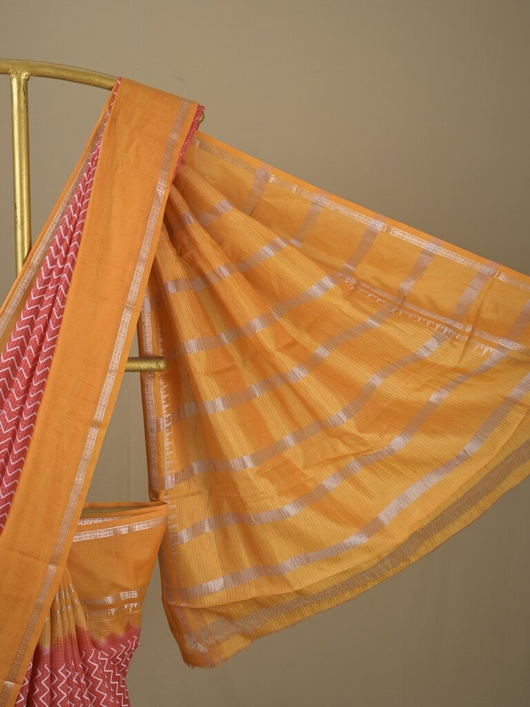 Mangalagiri fancy saree pink color allover stripes & zari border with striped pallu and printed blouse