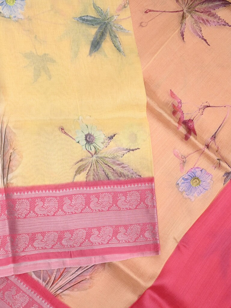 Mangalagiri fancy saree cream color allover prints & zari border with short pallu and contrast plain blouse