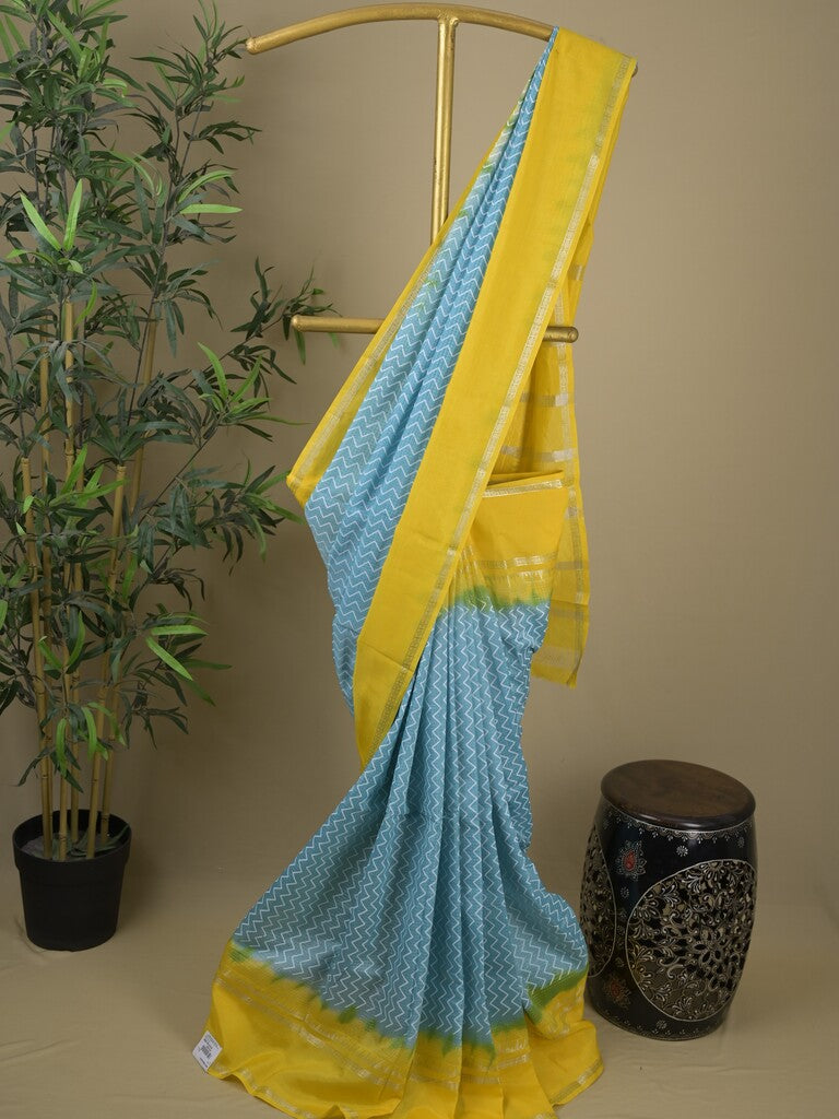 Mangalagiri fancy saree sky blue color allover stripes & zari border with striped pallu and printed blouse