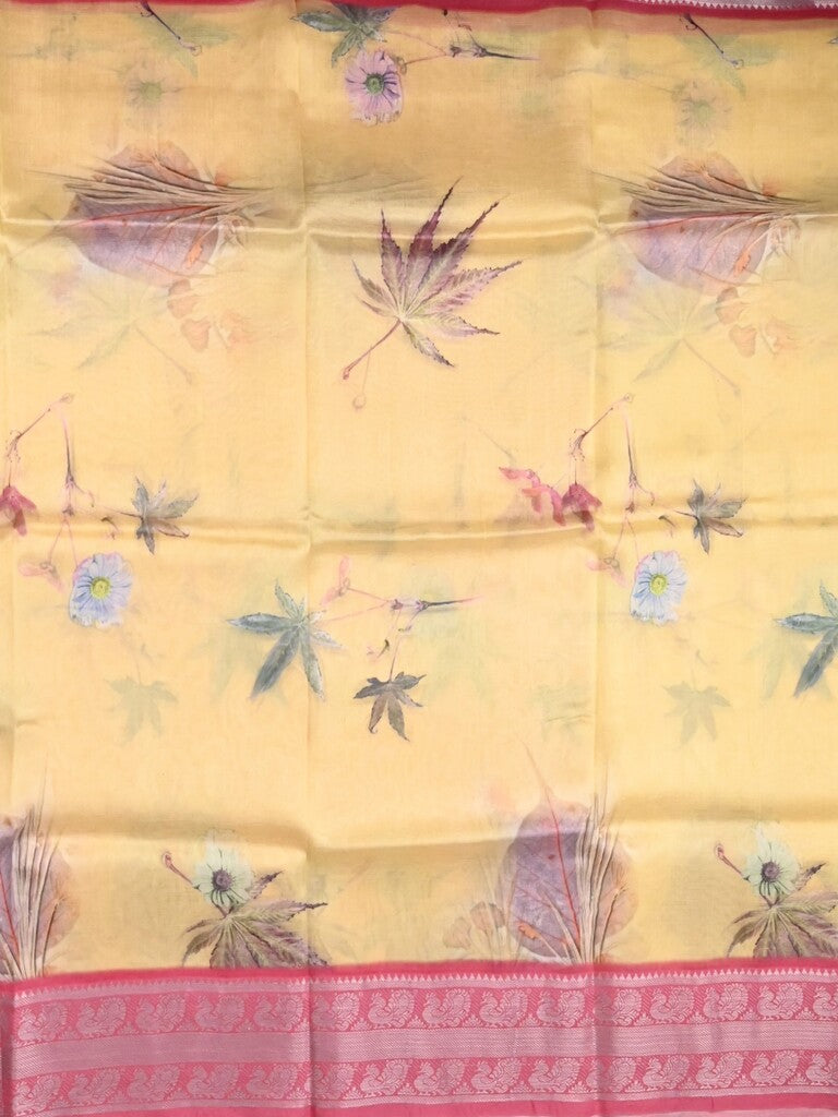 Mangalagiri fancy saree cream color allover prints & zari border with short pallu and contrast plain blouse