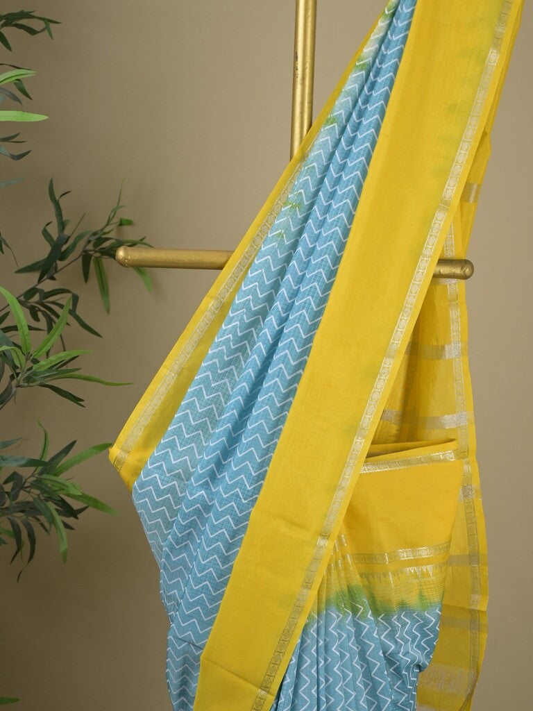 Mangalagiri fancy saree sky blue color allover stripes & zari border with striped pallu and printed blouse