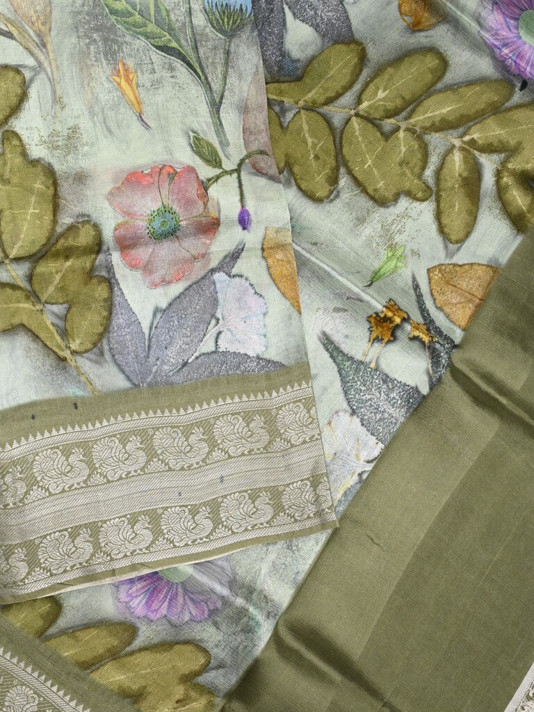 Mangalagiri fancy saree light grey color allover prints & zari border with short pallu and contrast plain blouse