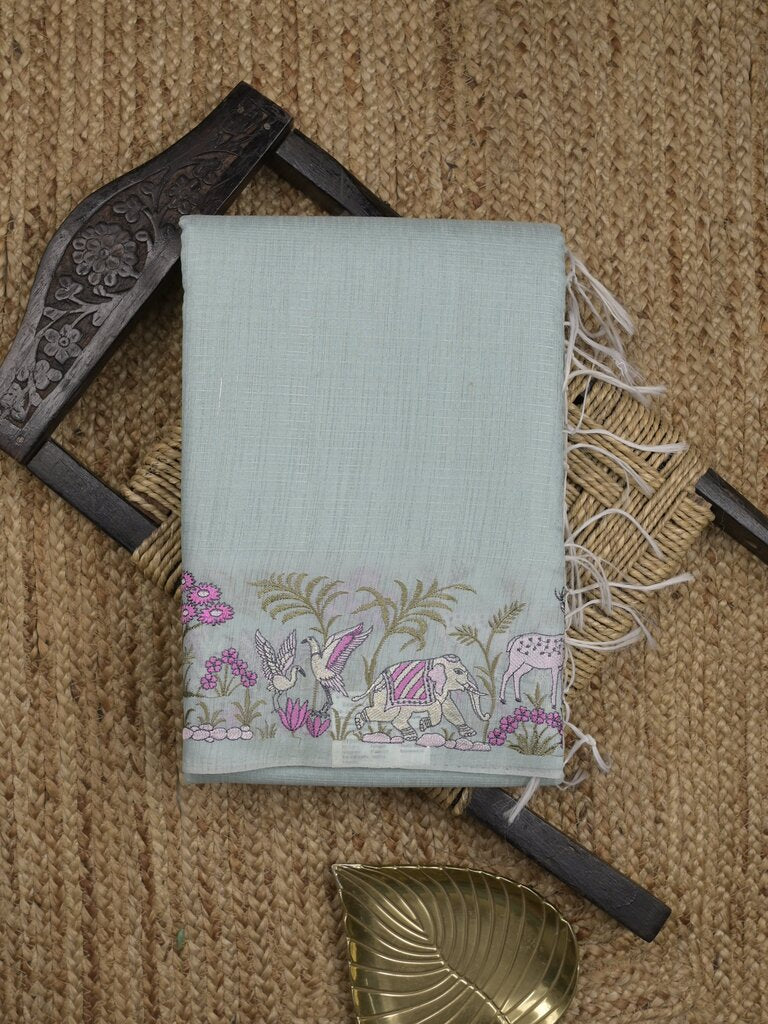 Chanderi fancy saree allover motifs with zari border with attached matching blouse