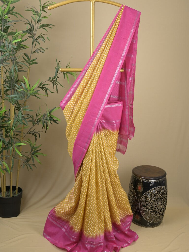 Mangalagiri fancy saree light yellow color allover stripes & zari border with striped pallu and printed blouse