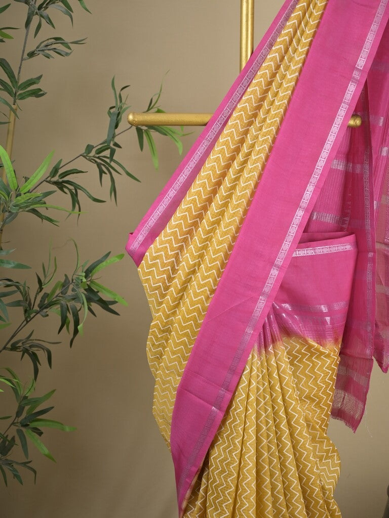 Mangalagiri fancy saree light yellow color allover stripes & zari border with striped pallu and printed blouse