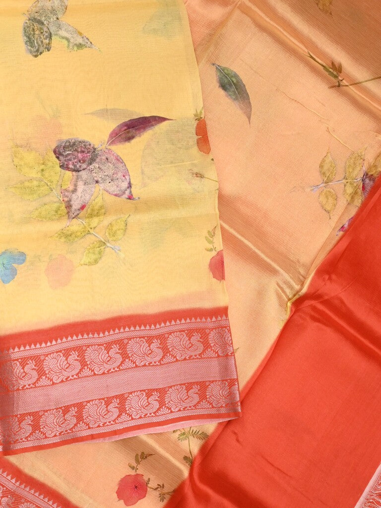 Mangalagiri fancy saree light yellow color allover prints & zari border with short pallu and contrast plain blouse