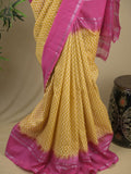 Mangalagiri fancy saree light yellow color allover stripes & zari border with striped pallu and printed blouse