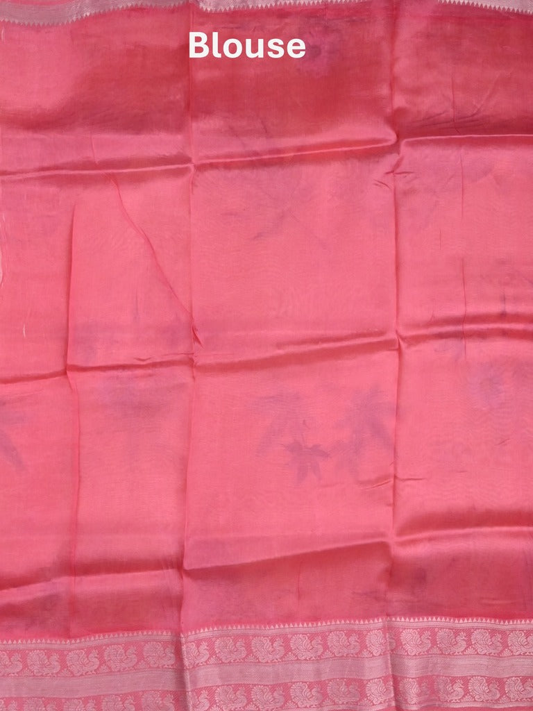 Mangalagiri fancy saree light peach color allover prints & zari border with short pallu and contrast plain blouse