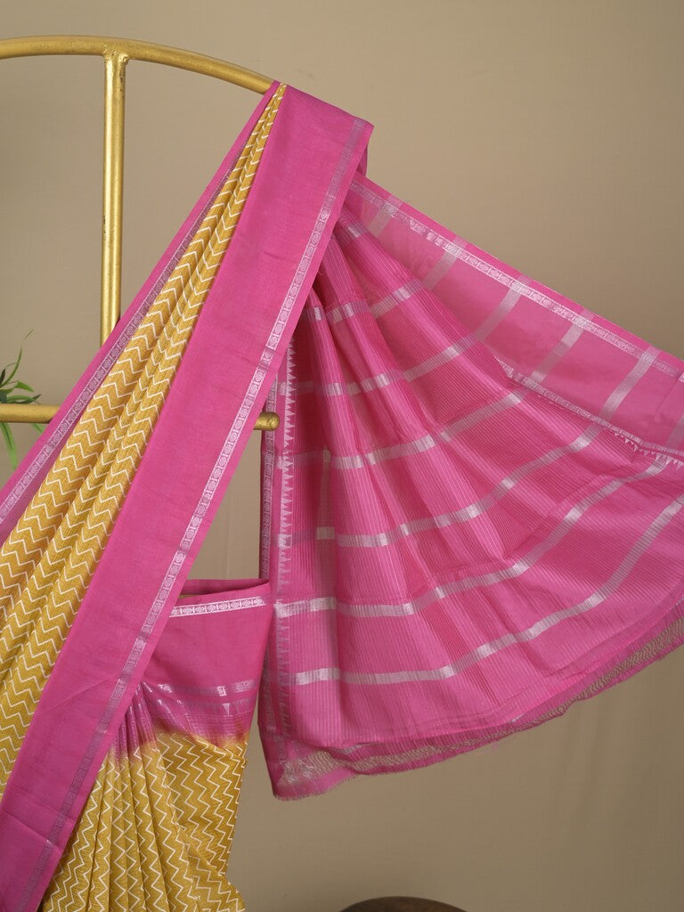 Mangalagiri fancy saree light yellow color allover stripes & zari border with striped pallu and printed blouse