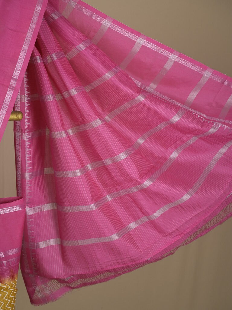 Mangalagiri fancy saree light yellow color allover stripes & zari border with striped pallu and printed blouse