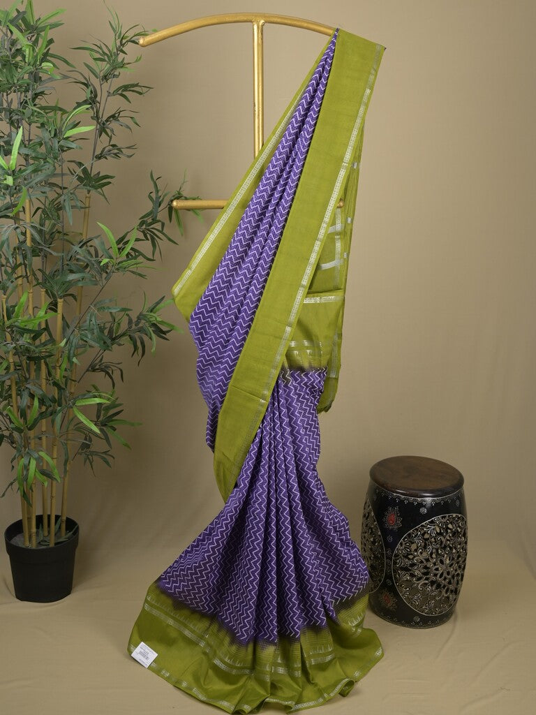 Mangalagiri fancy saree blue color allover stripes & zari border with striped pallu and printed blouse