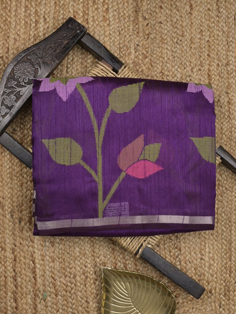 Chanderi jute fancy saree allover floral weaves with small zari border and attached plain blouse