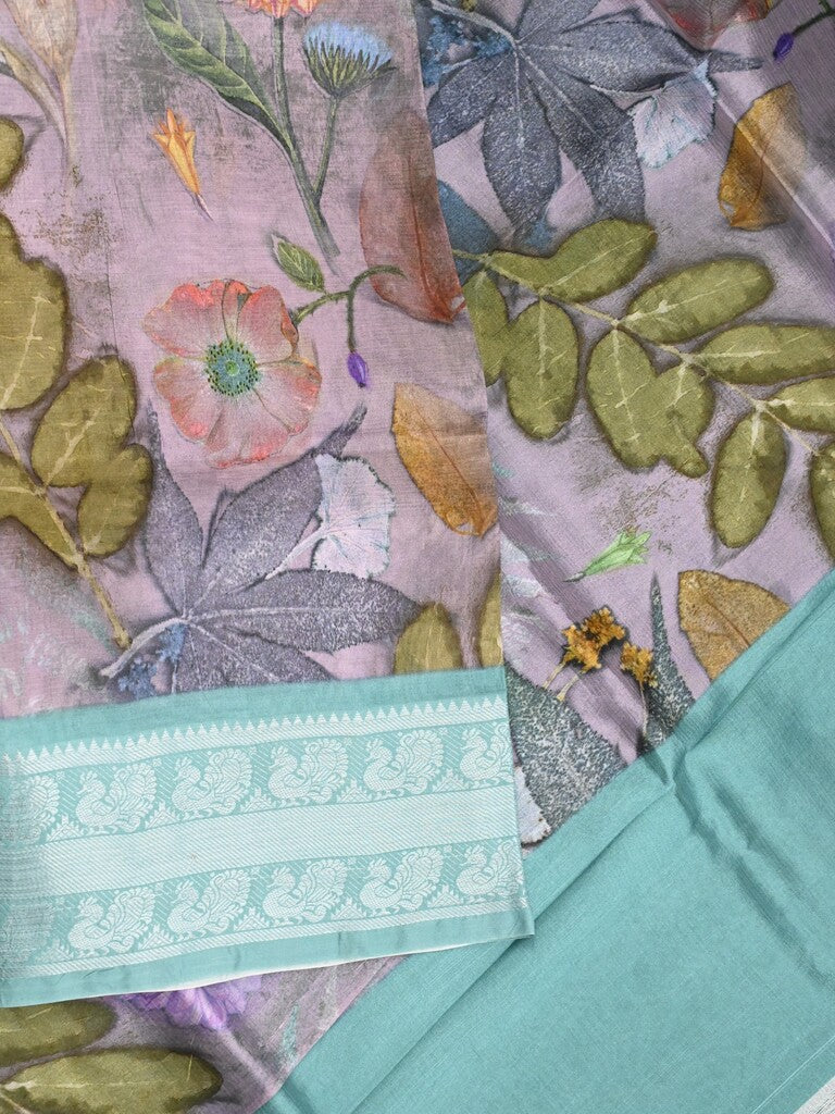 Mangalagiri fancy saree light purple color allover prints & zari border with short pallu and contrast plain blouse