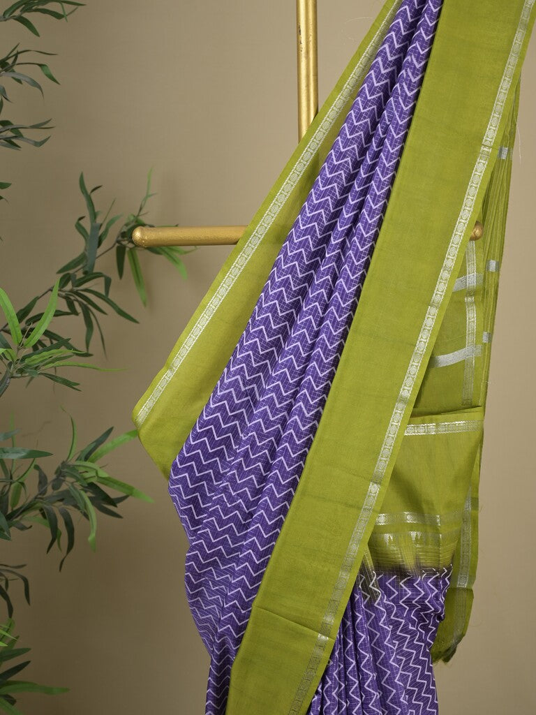 Mangalagiri fancy saree blue color allover stripes & zari border with striped pallu and printed blouse