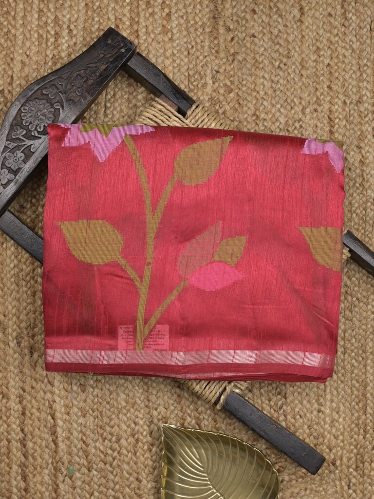 Chanderi jute fancy saree allover floral weaves with small zari border and attached plain blouse