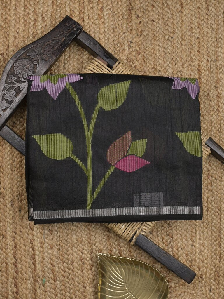 Chanderi jute fancy saree allover floral weaves with small zari border and attached plain blouse