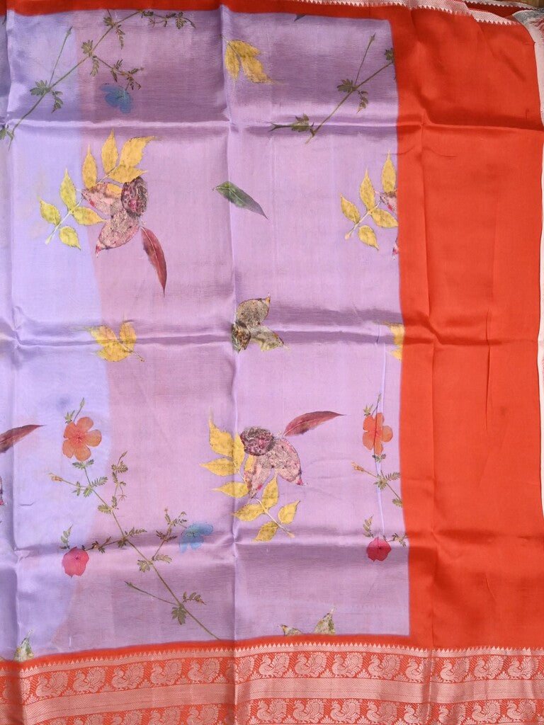 Mangalagiri fancy saree lavender color allover prints & zari border with short pallu and contrast plain blouse