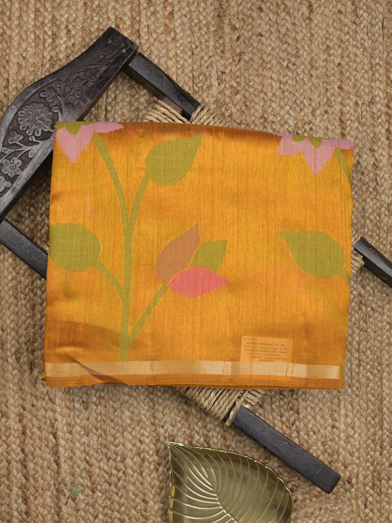 Chanderi jute fancy saree allover floral weaves with small zari border and attached plain blouse