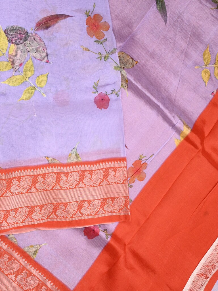 Mangalagiri fancy saree lavender color allover prints & zari border with short pallu and contrast plain blouse
