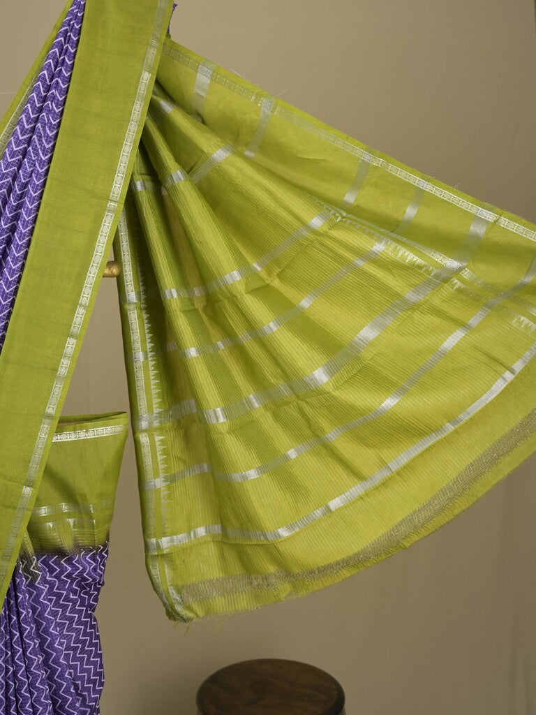 Mangalagiri fancy saree blue color allover stripes & zari border with striped pallu and printed blouse