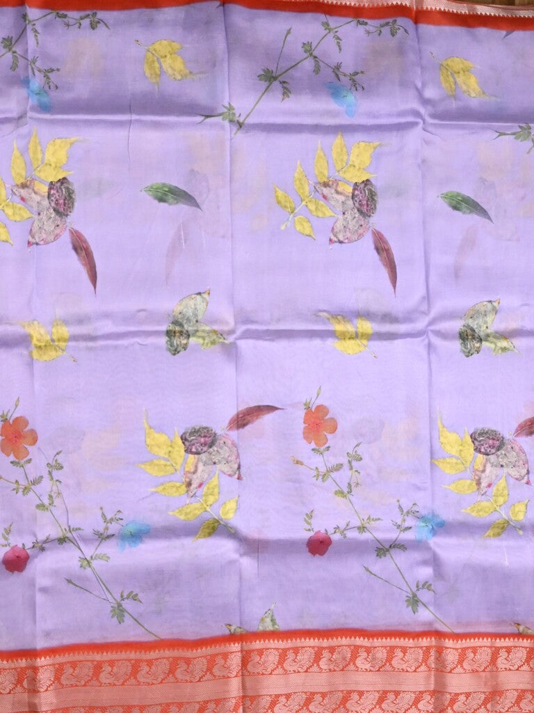 Mangalagiri fancy saree lavender color allover prints & zari border with short pallu and contrast plain blouse