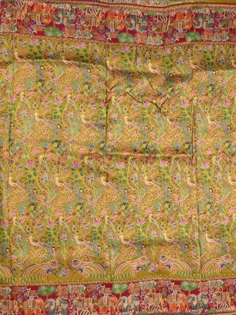 Dola silk fancy saree greenish yellow color allover weaves & weaving border with contrast pallu and attached blouse