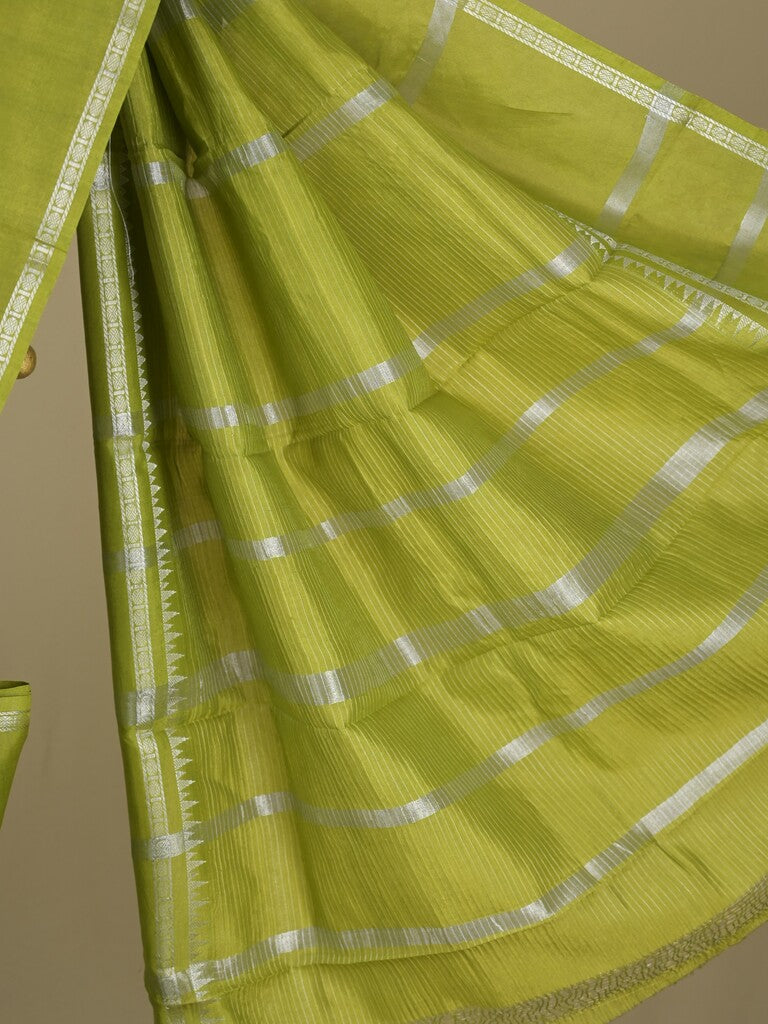 Mangalagiri fancy saree blue color allover stripes & zari border with striped pallu and printed blouse