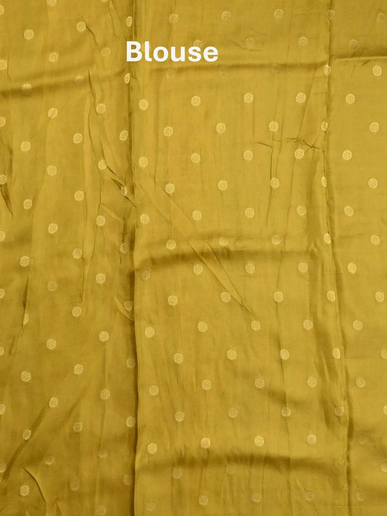 Dola silk fancy saree greenish yellow color allover weaves & weaving border with contrast pallu and attached blouse