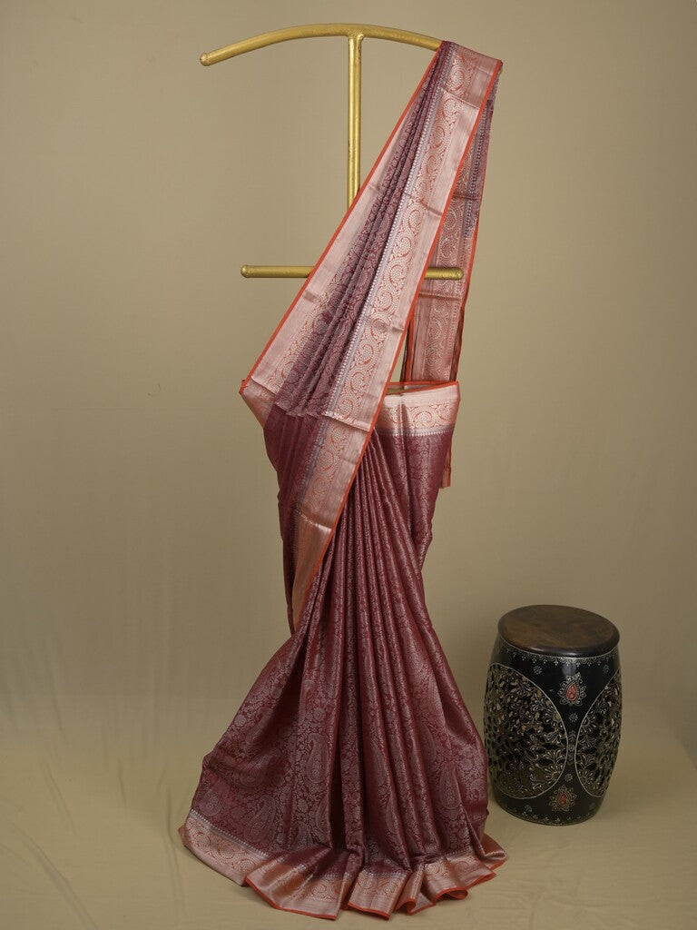 Georgette fancy saree brown color allover weaves & zari border with rich pallu and plain blouse