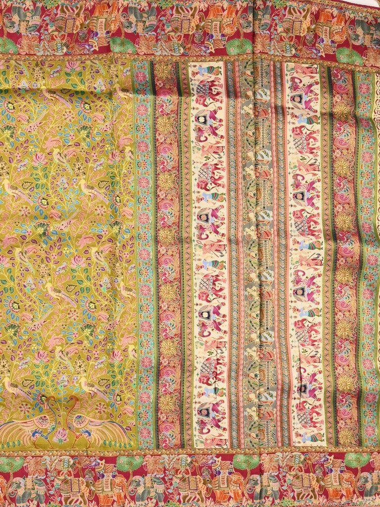 Dola silk fancy saree greenish yellow color allover weaves & weaving border with contrast pallu and attached blouse