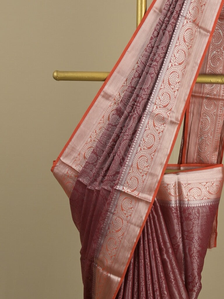 Georgette fancy saree brown color allover weaves & zari border with rich pallu and plain blouse