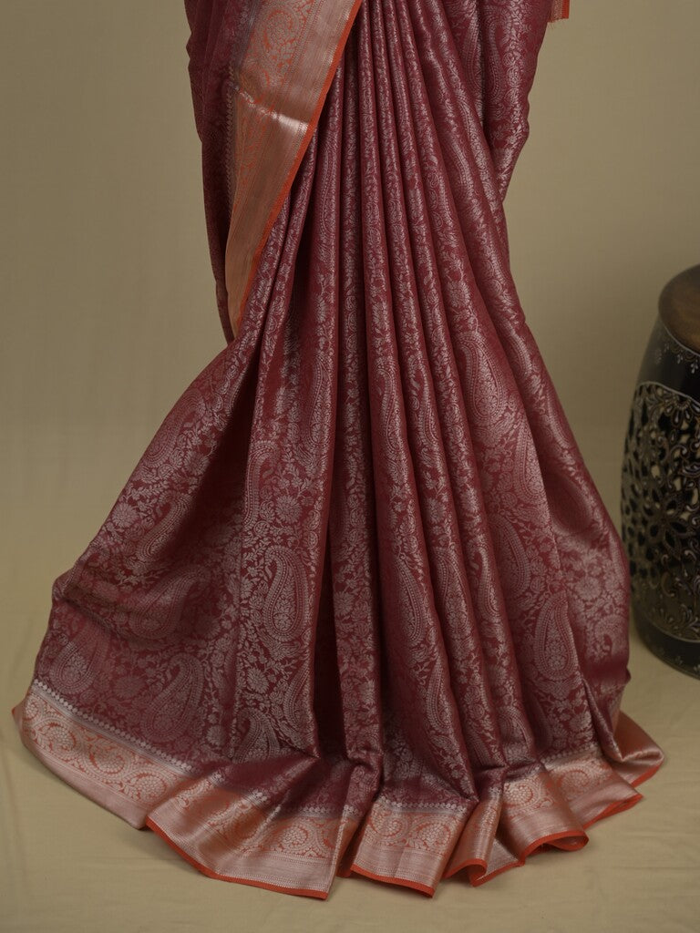 Georgette fancy saree brown color allover weaves & zari border with rich pallu and plain blouse