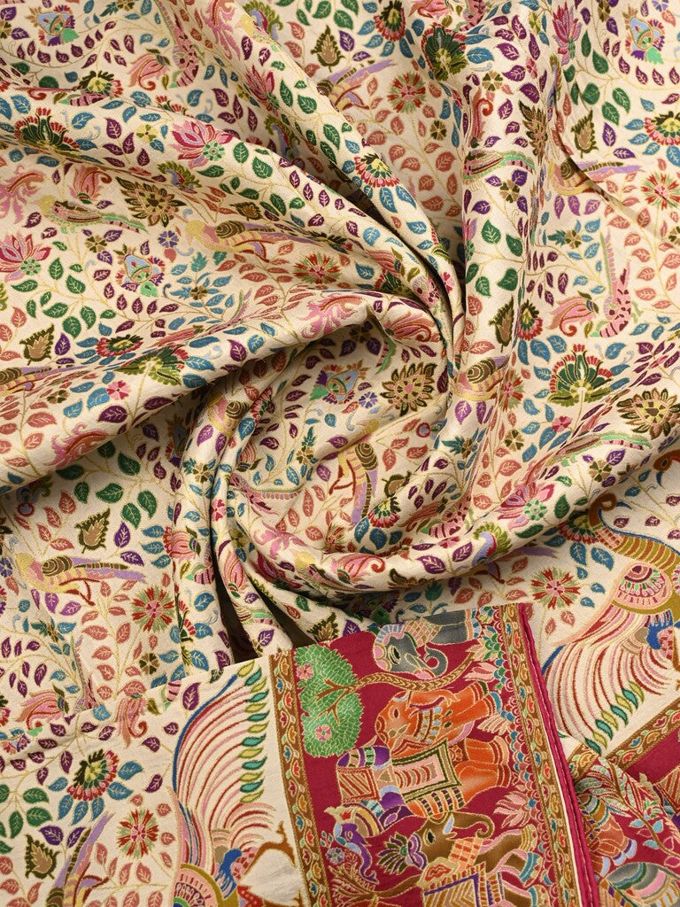 Dola silk fancy saree cream color allover weaves & weaving border with contrast pallu and attached blouse