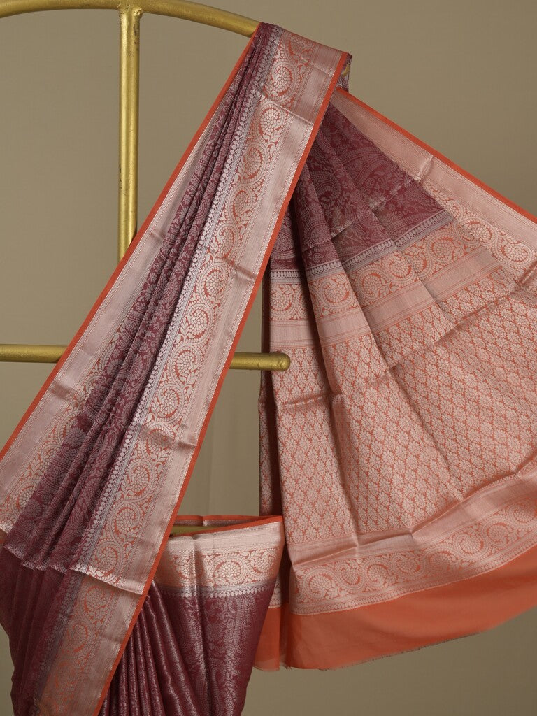 Georgette fancy saree brown color allover weaves & zari border with rich pallu and plain blouse