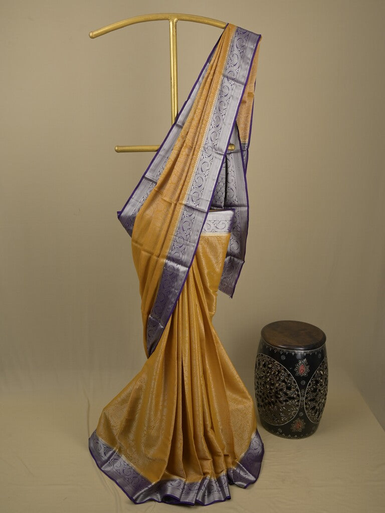 Georgette fancy saree golden yellow color allover weaves & zari border with rich pallu and plain blouse